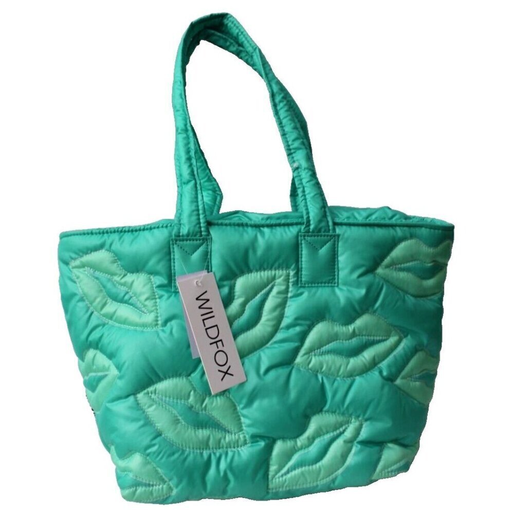 New WILDFOX Lips QUILTED Green Blue Puffy Travel Beach TOTE Bag